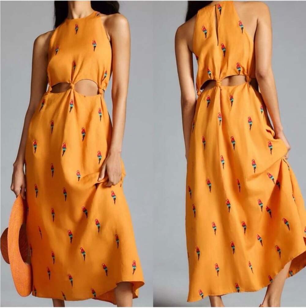FARM Rio Parrot Halter Maxi Dress Size S Orange Tropical Cutout